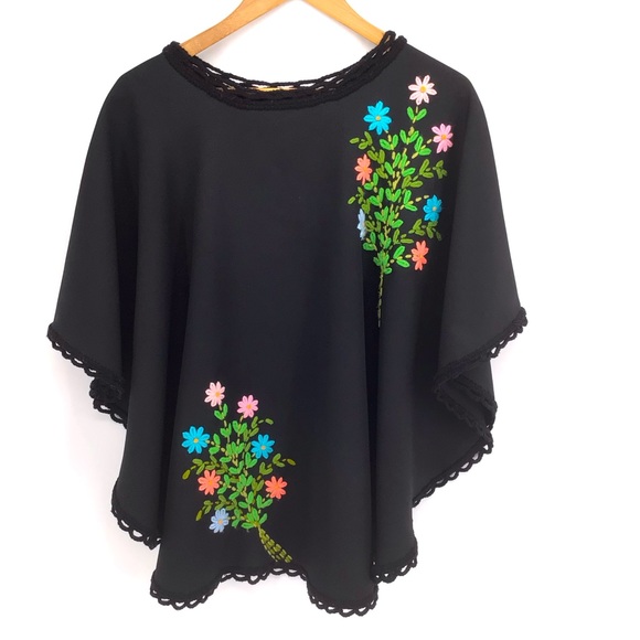 Hand Crafted Sweaters - Handmade Black Floral Yarn Embroidery Poncho